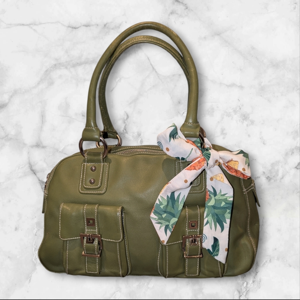 Perlina leather satchel handbag, green with fabric handle bow included